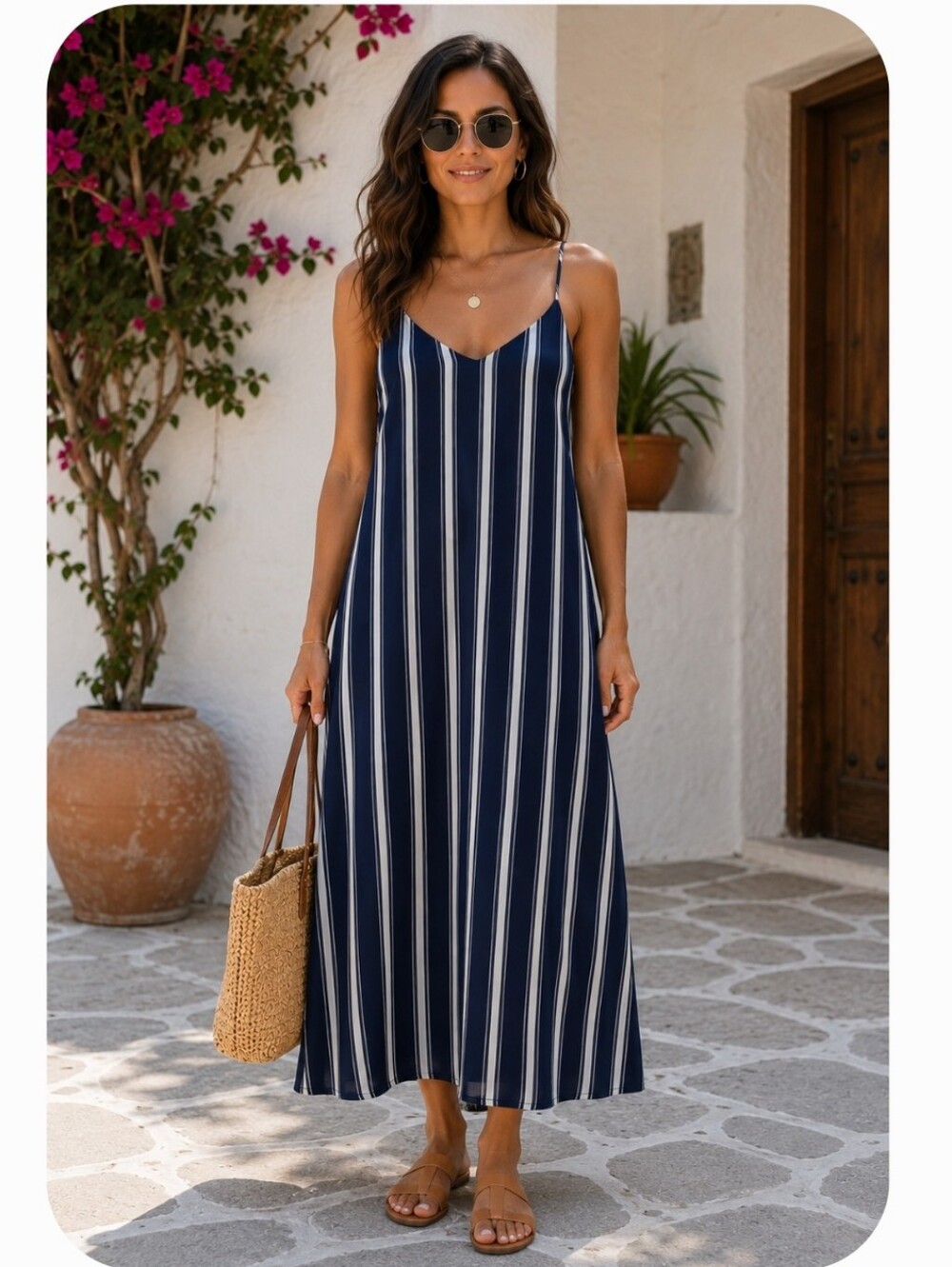 Lumière Blue & White Striped Swing Dress Small | Open Back Strappy Midi Sundress